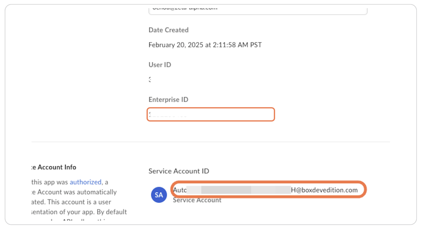 Copy Enterprise ID and Service Account ID