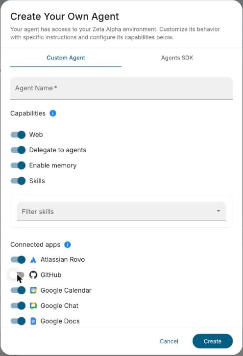 Create Your Own Agent: name, capabilities and connected apps