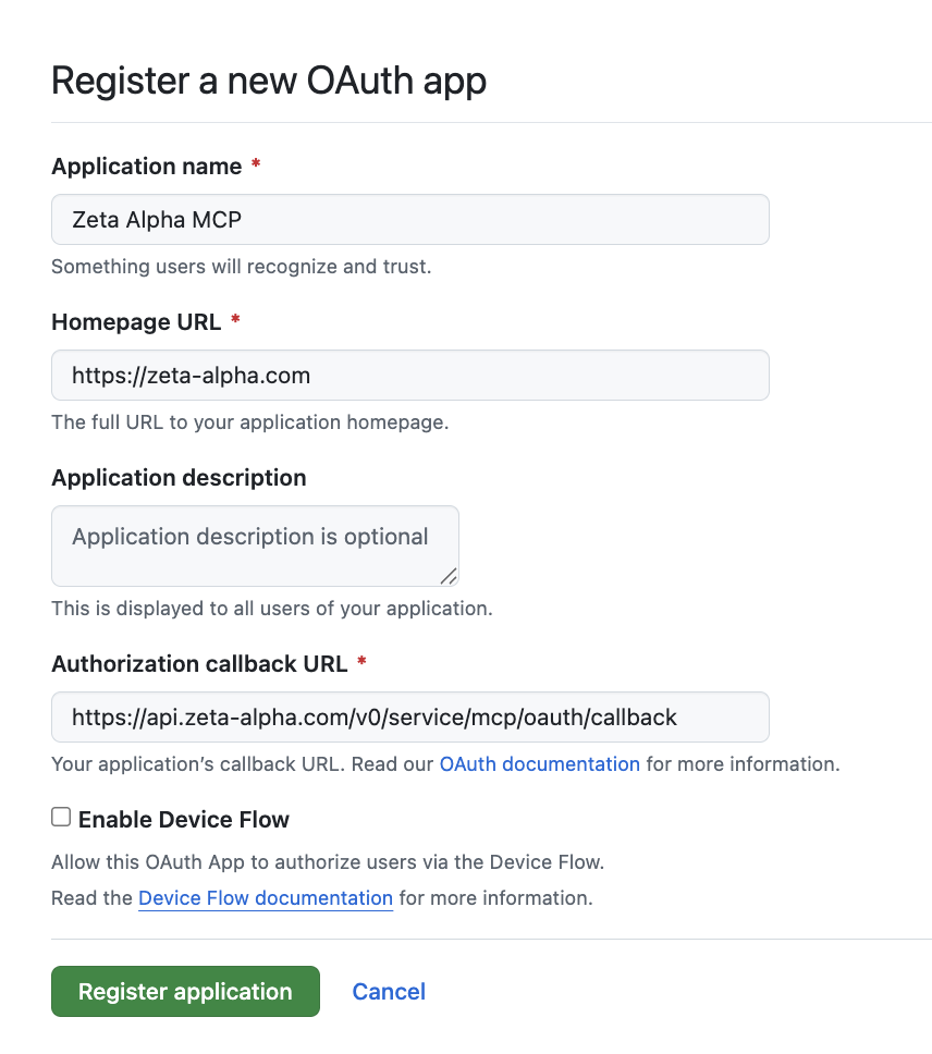 GitHub OAuth app registration form with name, homepage URL, and authorization callback URL filled in
