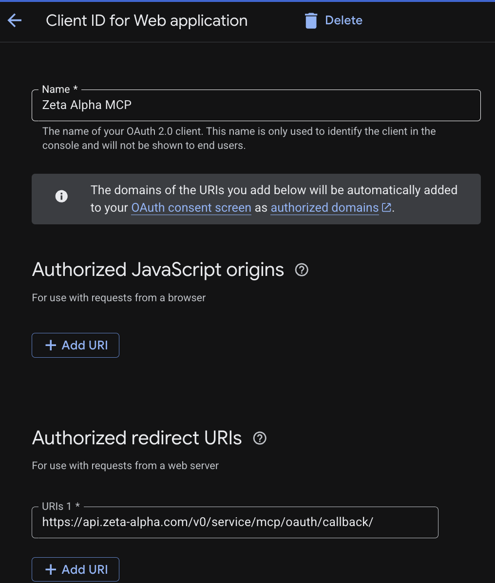 Google Cloud Create OAuth client ID dialog with Authorized redirect URI ending in /callback/