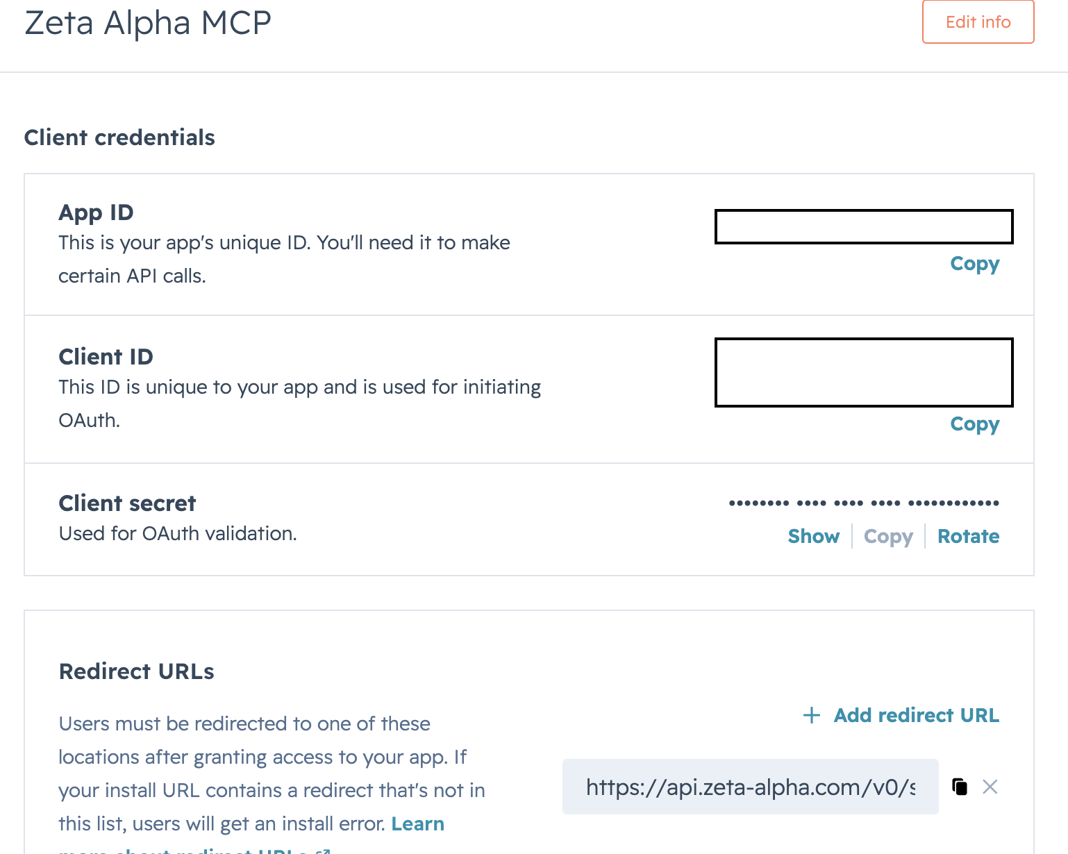 HubSpot MCP Auth App details page showing Client ID, Client secret and Redirect URLs
