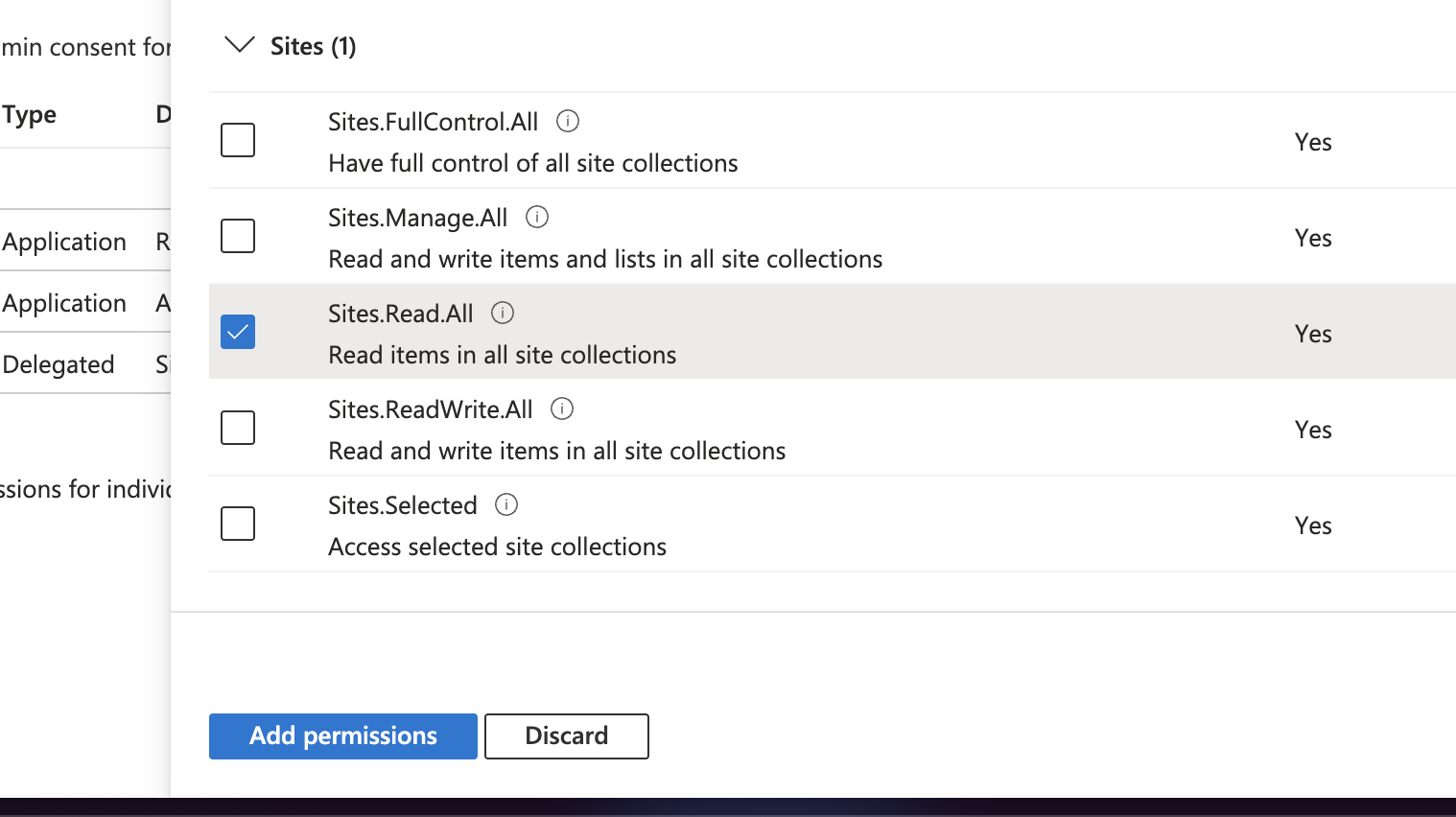 Select Site.Read.All and click Add permissions