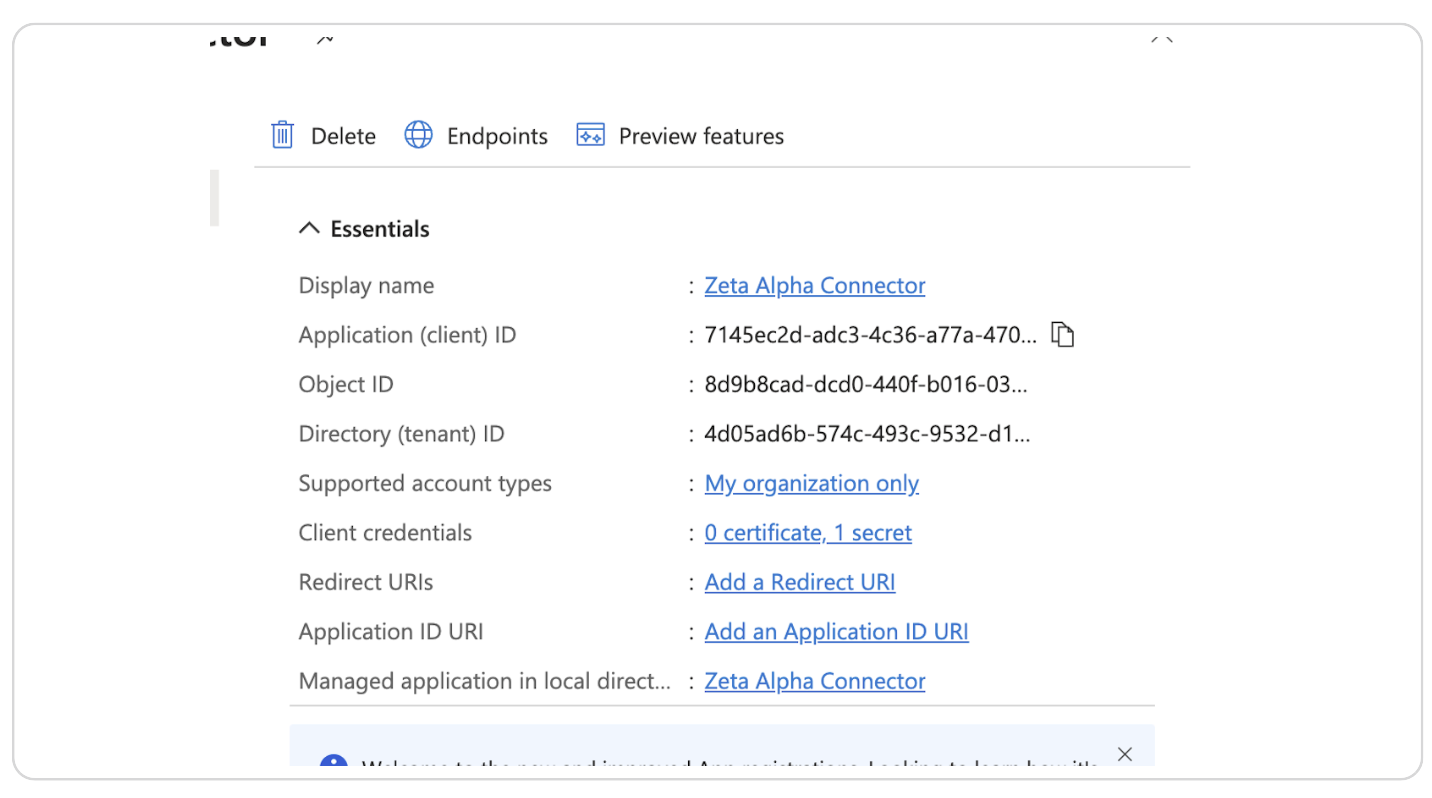 Copy the values of Application (client) ID and Directory (tenant) ID