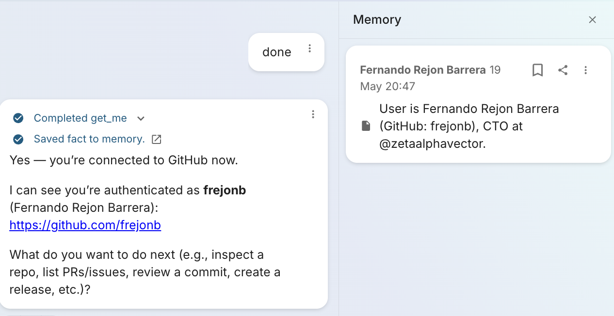 Agent reply after the user types "done": confirms the GitHub connection, shows the authenticated user, and offers next steps