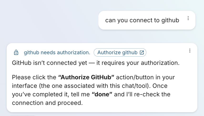Agent reply: "github needs authorization" with an Authorize github link, asking the user to click it and reply "done" when finished