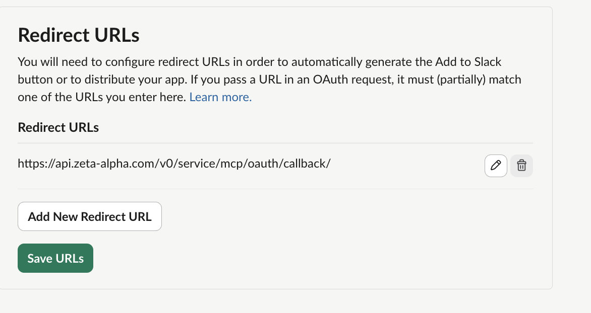 Slack OAuth &amp; Permissions page with Redirect URL and User Token Scopes configured
